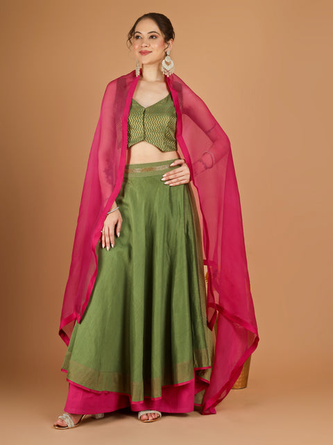 Olive Green Chanderi Layered Skirt Set with Hot Pink Katan Silk Dupatta