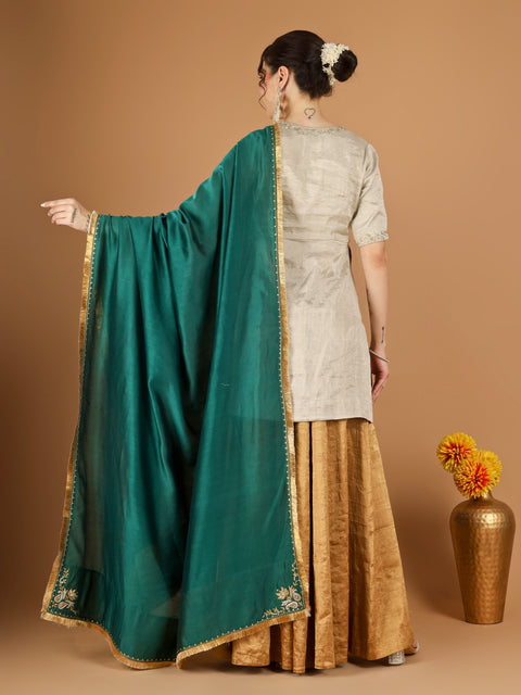 Silver Zari Kurta & Gold Zari Sharara Set with Deep Green Embroidered Dupatta