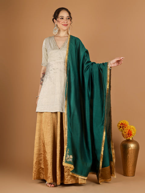 Silver Zari Kurta & Gold Zari Sharara Set with Deep Green Embroidered Dupatta