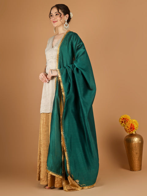 Silver Zari Kurta & Gold Zari Sharara Set with Deep Green Embroidered Dupatta