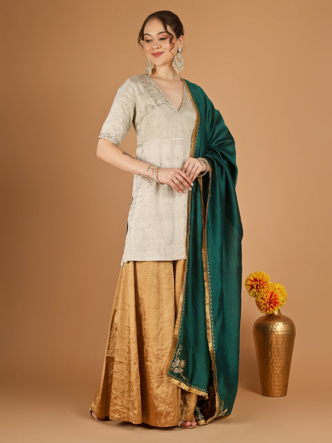 Silver Zari Kurta & Gold Zari Sharara Set with Deep Green Embroidered Dupatta
