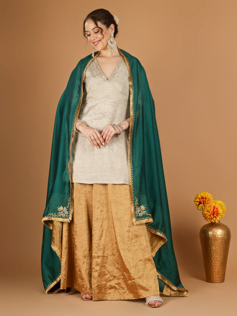 Silver Zari Kurta & Gold Zari Sharara Set with Deep Green Embroidered Dupatta