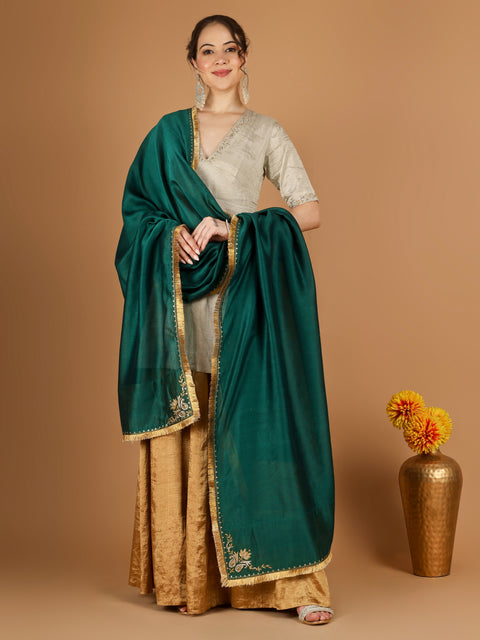 Silver Zari Kurta & Gold Zari Sharara Set with Deep Green Embroidered Dupatta