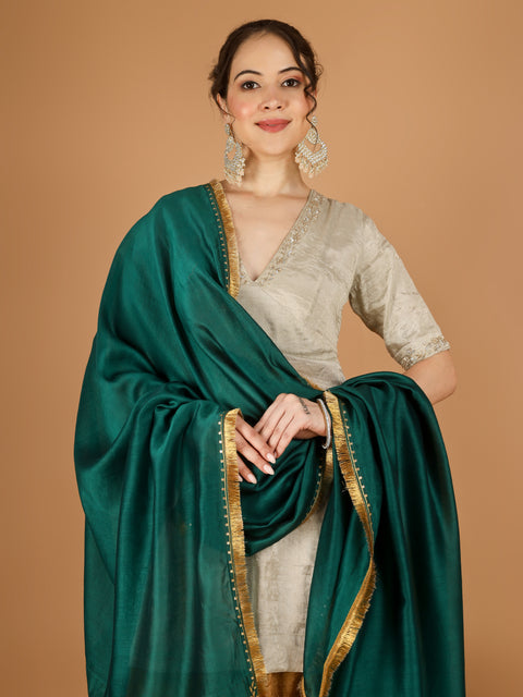 Silver Zari Kurta & Gold Zari Sharara Set with Deep Green Embroidered Dupatta