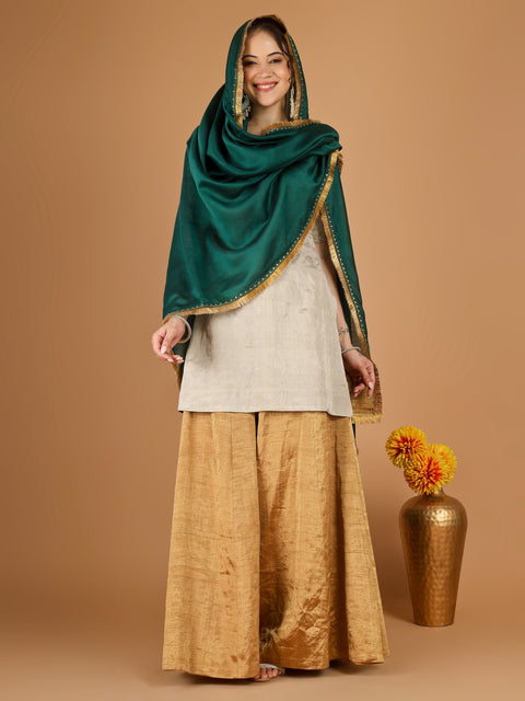 Silver Zari Kurta & Gold Zari Sharara Set with Deep Green Embroidered Dupatta