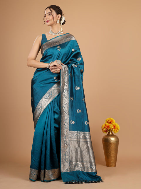 Teal Blue Kadhwa Banarasi Katan Silk Saree (Sona Rupa)