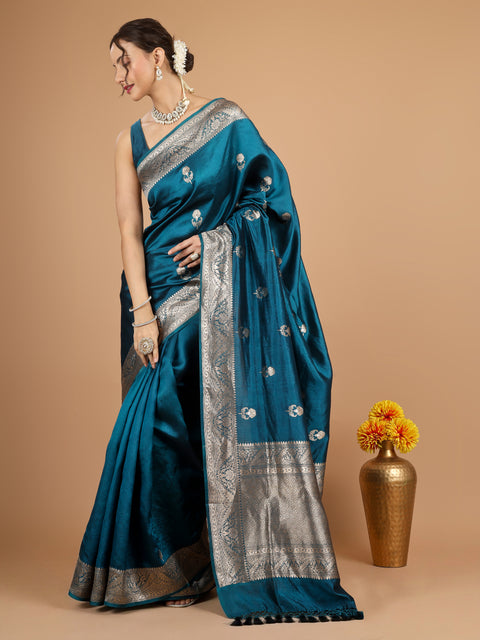 Teal Blue Kadhwa Banarasi Katan Silk Saree (Sona Rupa)