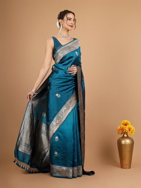 Teal Blue Kadhwa Banarasi Katan Silk Saree (Sona Rupa)