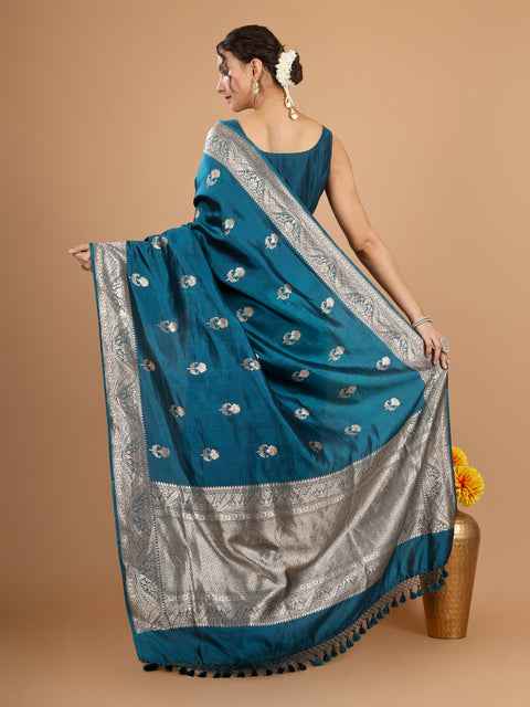Teal Blue Kadhwa Banarasi Katan Silk Saree (Sona Rupa)