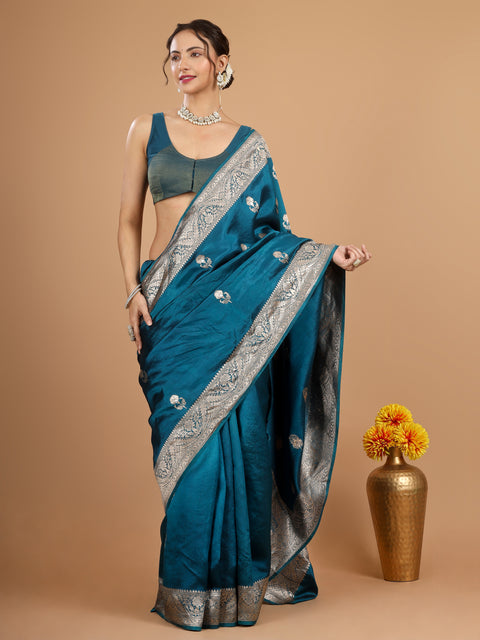 Teal Blue Kadhwa Banarasi Katan Silk Saree (Sona Rupa)