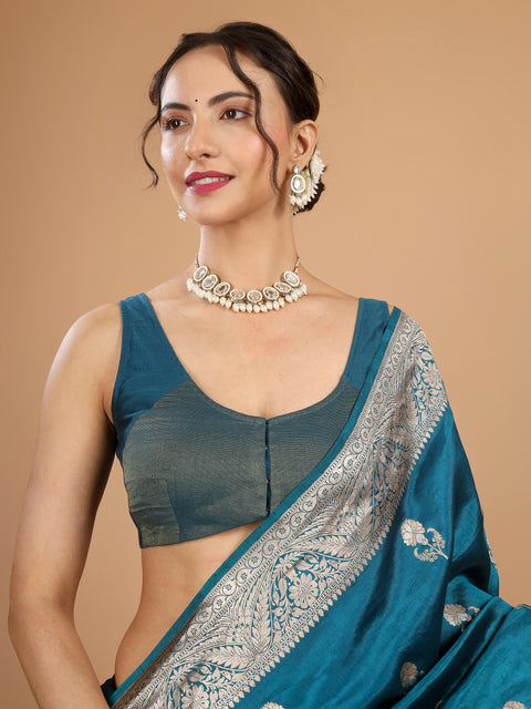 Teal Blue Kadhwa Banarasi Katan Silk Saree (Sona Rupa)
