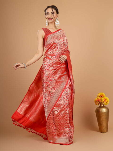 Coral Red Banarasi Katan Silk Saree with Jaal Weave
