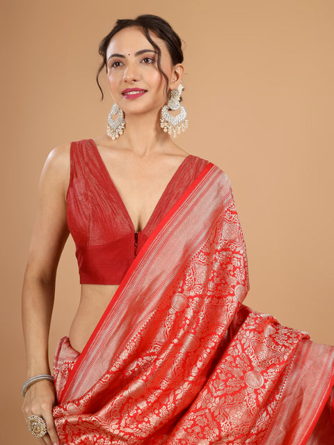 Coral Red Banarasi Katan Silk Saree with Jaal Weave