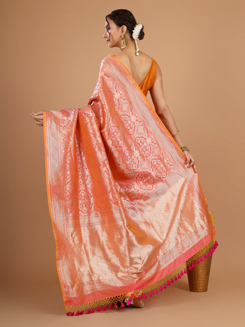 Peach Coral Banarasi Katan Silk Jaal Weave Saree