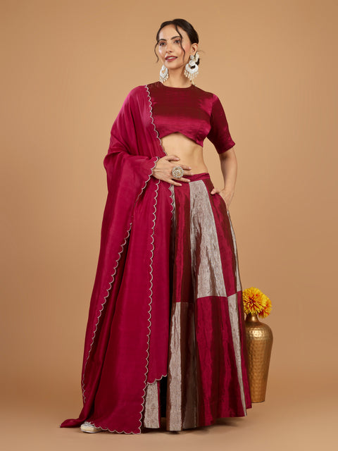 Beige & Plum Chessboard Zari Lehenga with Blouse & Chanderi Dupatta (Set of 3)