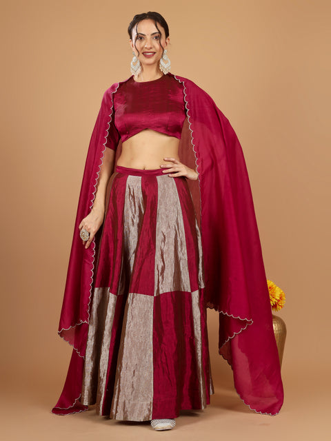 Beige & Plum Chessboard Zari Lehenga with Blouse & Chanderi Dupatta (Set of 3)