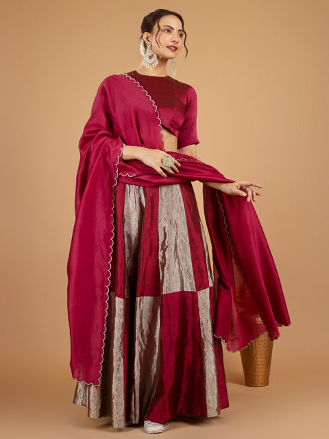 Beige & Plum Chessboard Zari Lehenga with Blouse & Chanderi Dupatta (Set of 3)