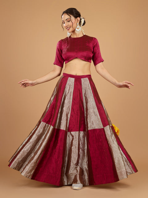 Beige & Plum Chessboard Zari Lehenga with Blouse & Chanderi Dupatta (Set of 3)
