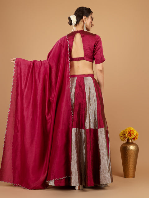 Beige & Plum Chessboard Zari Lehenga with Blouse & Chanderi Dupatta (Set of 3)