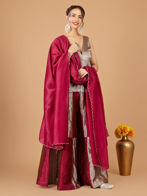 Chessboard Sharara with Plunge V-Neck Short Kurti & Chanderi Dupatta (Set of 3)