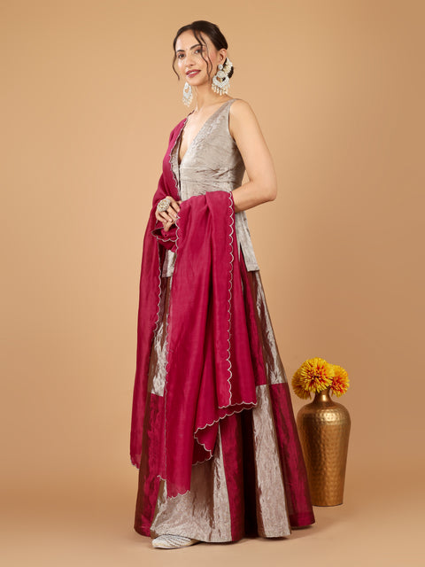 Chessboard Sharara with Plunge V-Neck Short Kurti & Chanderi Dupatta (Set of 3)