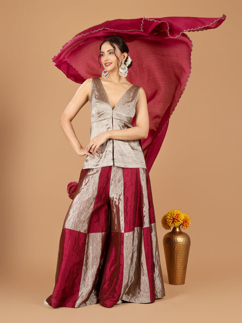 Chessboard Sharara with Plunge V-Neck Short Kurti & Chanderi Dupatta (Set of 3)