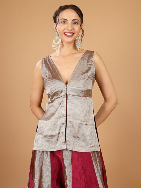 Chessboard Sharara with Plunge V-Neck Short Kurti & Chanderi Dupatta (Set of 3)