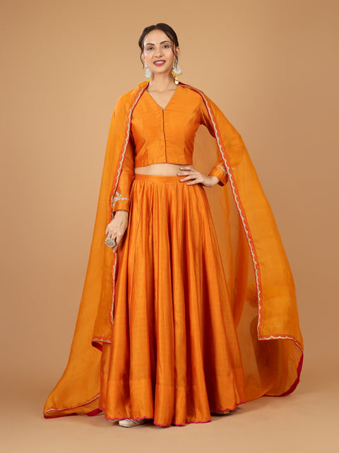 Orange Chanderi Layered Lehenga with Embroidered Kurti Blouse & Dupatta (Set of 3)