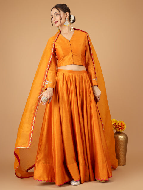 Orange Chanderi Layered Lehenga with Embroidered Kurti Blouse & Dupatta (Set of 3)