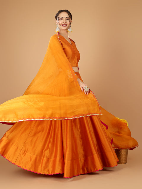 Orange Chanderi Layered Lehenga with Embroidered Kurti Blouse & Dupatta (Set of 3)