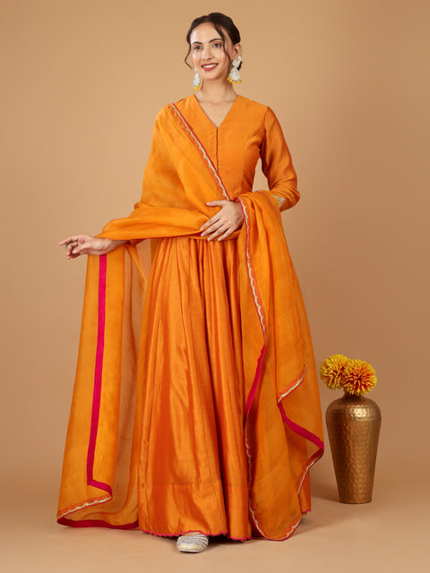 Orange Chanderi Layered Lehenga with Embroidered Kurti Blouse & Dupatta (Set of 3)