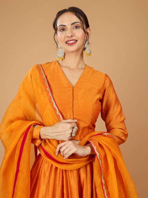 Orange Chanderi Layered Lehenga with Embroidered Kurti Blouse & Dupatta (Set of 3)