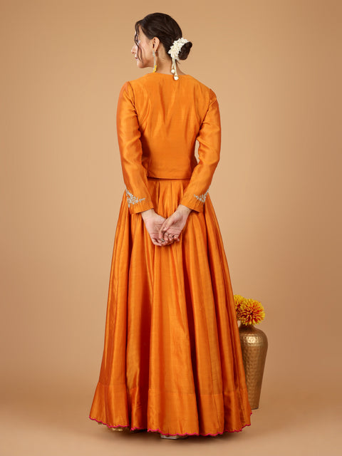 Orange Chanderi Layered Lehenga with Embroidered Kurti Blouse & Dupatta (Set of 3)