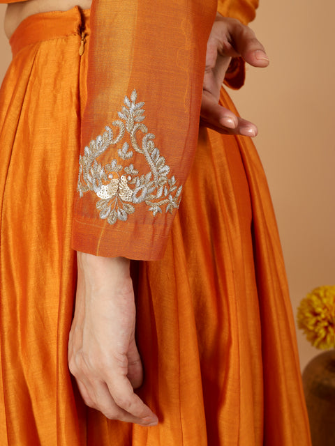 Orange Chanderi Layered Lehenga with Embroidered Kurti Blouse & Dupatta (Set of 3)