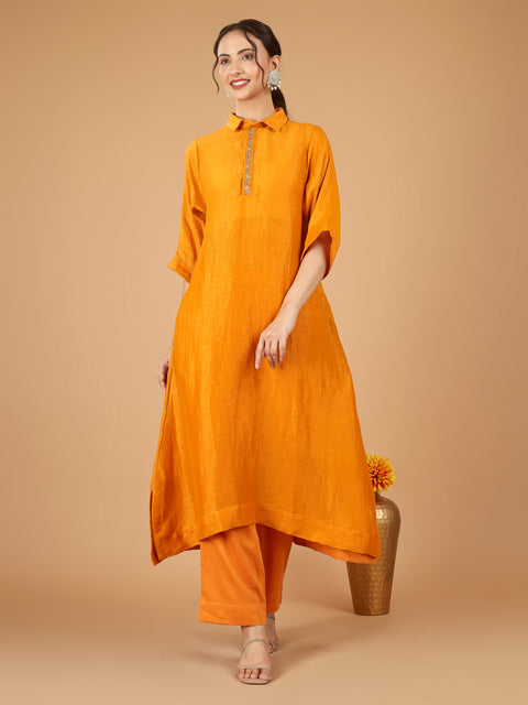 Orange Linen Silk Kurta with Cotton Glaze Pants & Slip (Set of 3)