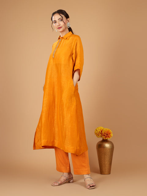 Orange Linen Silk Kurta with Cotton Glaze Pants & Slip (Set of 3)