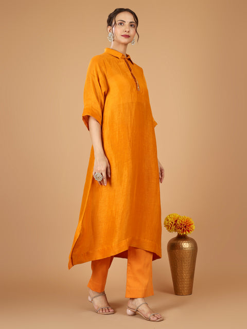 Orange Linen Silk Kurta with Cotton Glaze Pants & Slip (Set of 3)