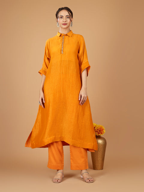 Orange Linen Silk Kurta with Cotton Glaze Pants & Slip (Set of 3)
