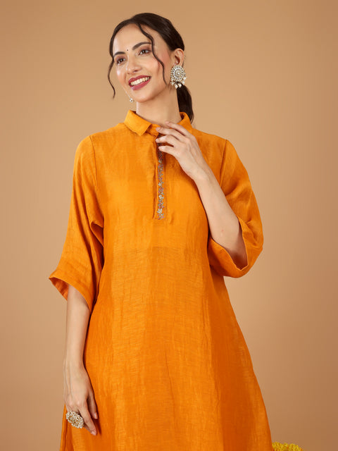 Orange Linen Silk Kurta with Cotton Glaze Pants & Slip (Set of 3)