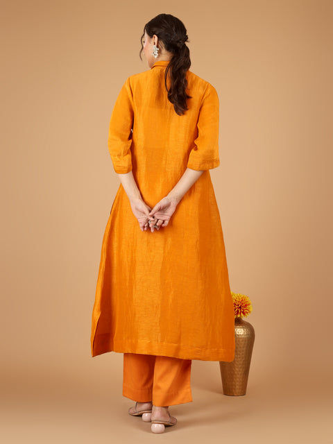 Orange Linen Silk Kurta with Cotton Glaze Pants & Slip (Set of 3)