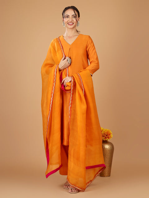 V neck Pocket embroidered Kurta with Pants & Dupatta (Set of 3)
