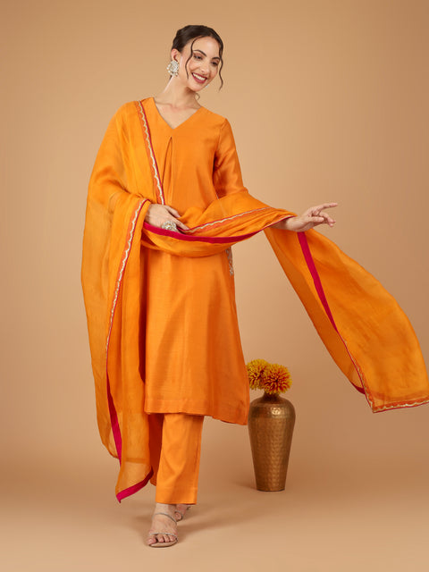 V neck Pocket embroidered Kurta with Pants & Dupatta (Set of 3)