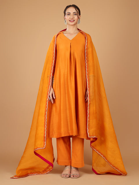 V neck Pocket embroidered Kurta with Pants & Dupatta (Set of 3)