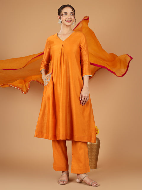 V neck Pocket embroidered Kurta with Pants & Dupatta (Set of 3)
