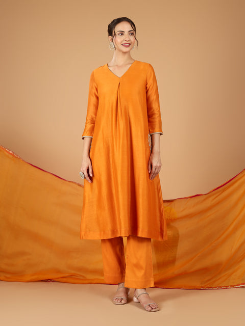 V neck Pocket embroidered Kurta with Pants & Dupatta (Set of 3)