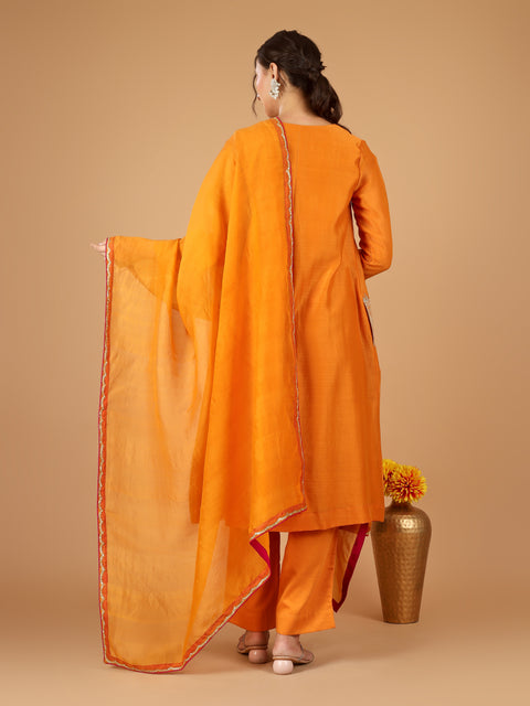 V neck Pocket embroidered Kurta with Pants & Dupatta (Set of 3)