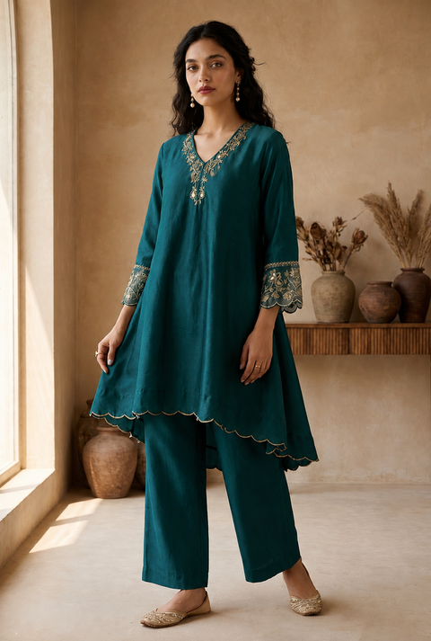 Teal High Low Embroidered Chanderi Kurta Set with Tissue Dupatta (Set of 3)