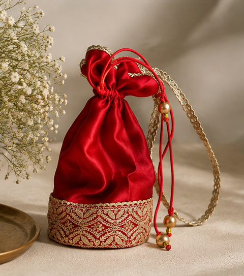 Embroidered Red Silk Potli Bag
