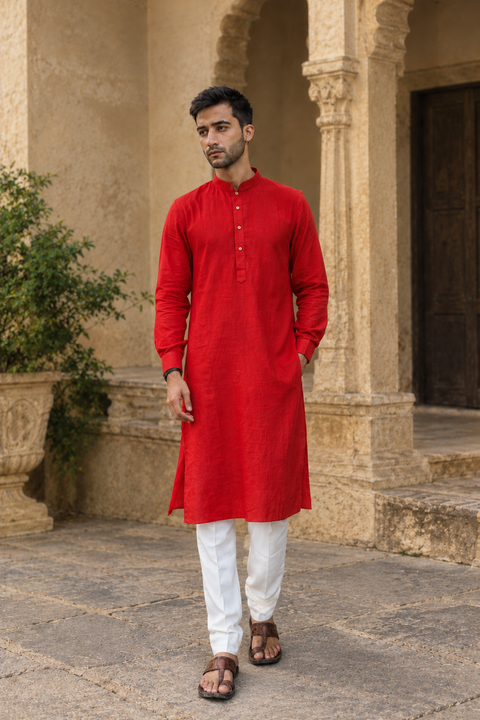 Khadi Cotton Collared Kurta with Off-White Straight Pants (Set of 2)