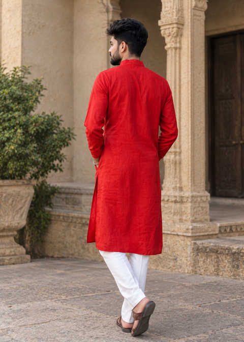 Khadi Cotton Collared Kurta with Off-White Straight Pants (Set of 2)